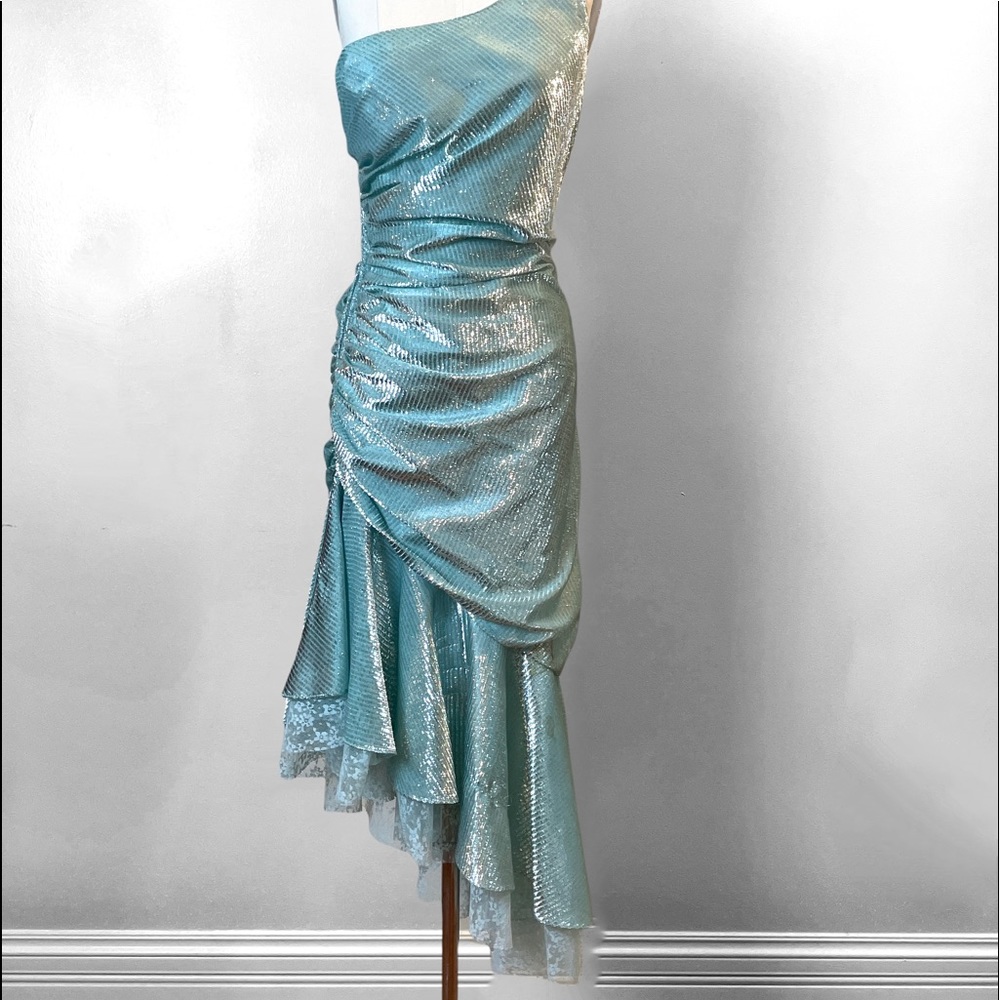 80s New Leaf by Samir one shoulder lurex prom dress